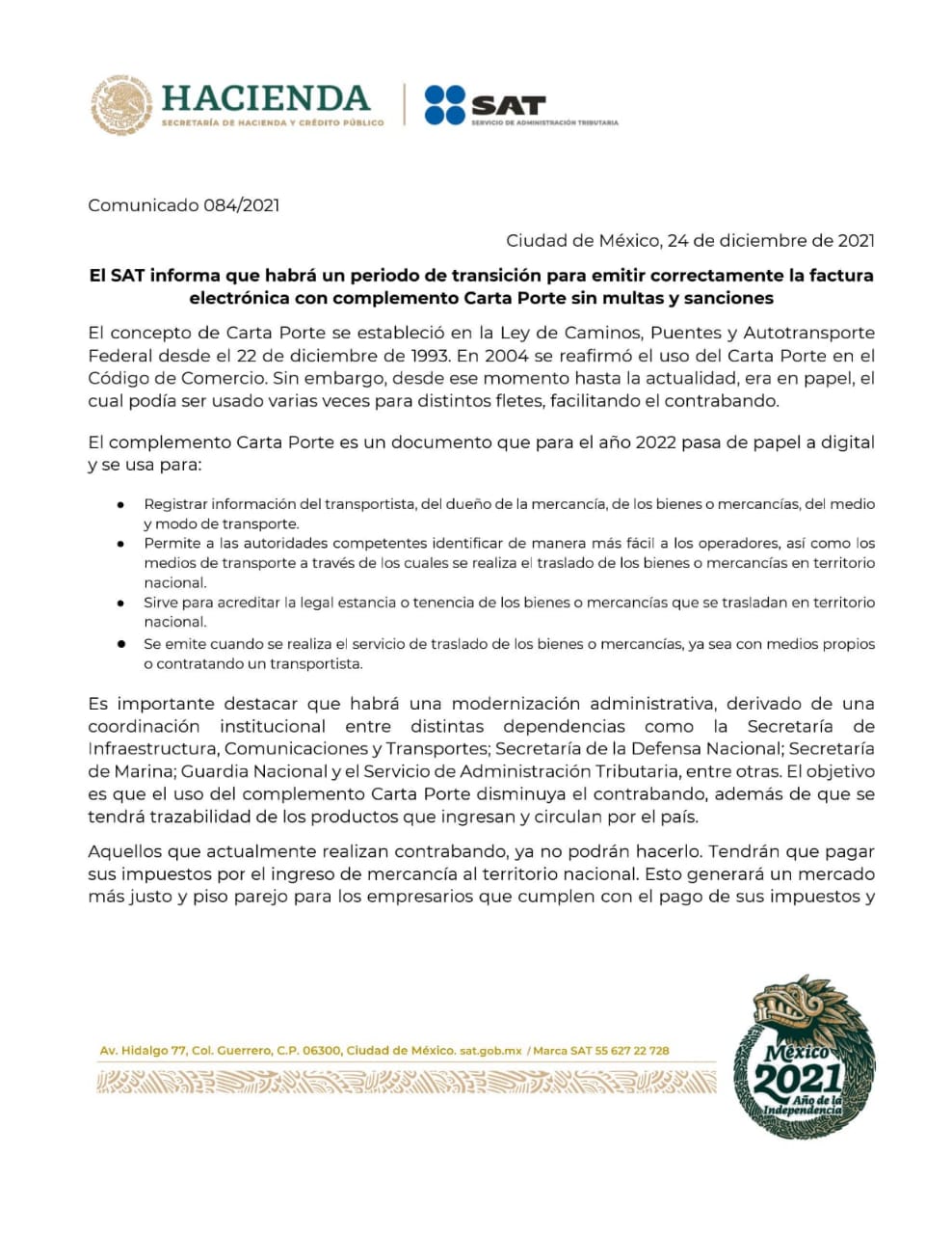 Regalo navideño, SAT concede periodo de transición de Complemento Carta ...